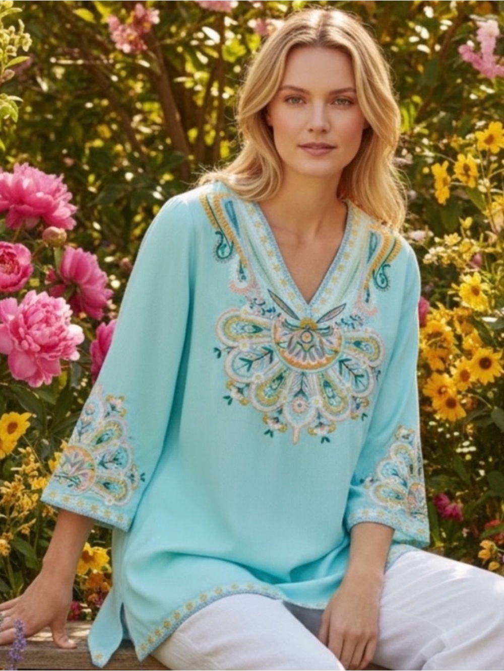 Soft Surroundings Embroidered V-Neck Tunic Top in Light Aqua